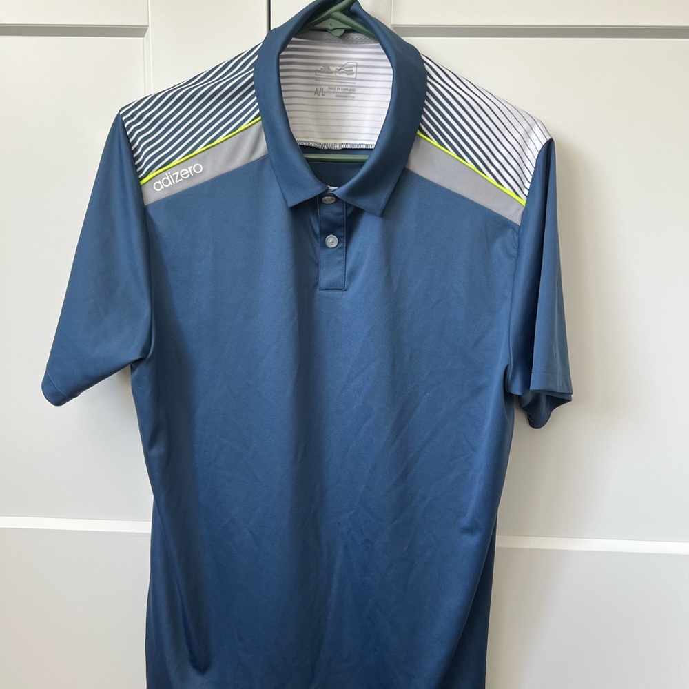 Men’s adidas golf polo size larger; blue stripe